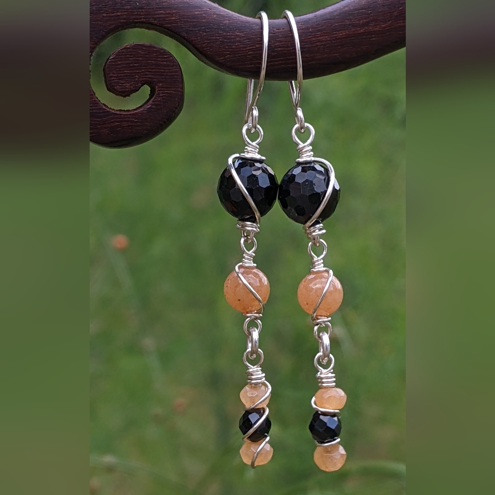 Sterling Silver Earrings Black Tourmaline With Peach Aventurine Elegant Dangle